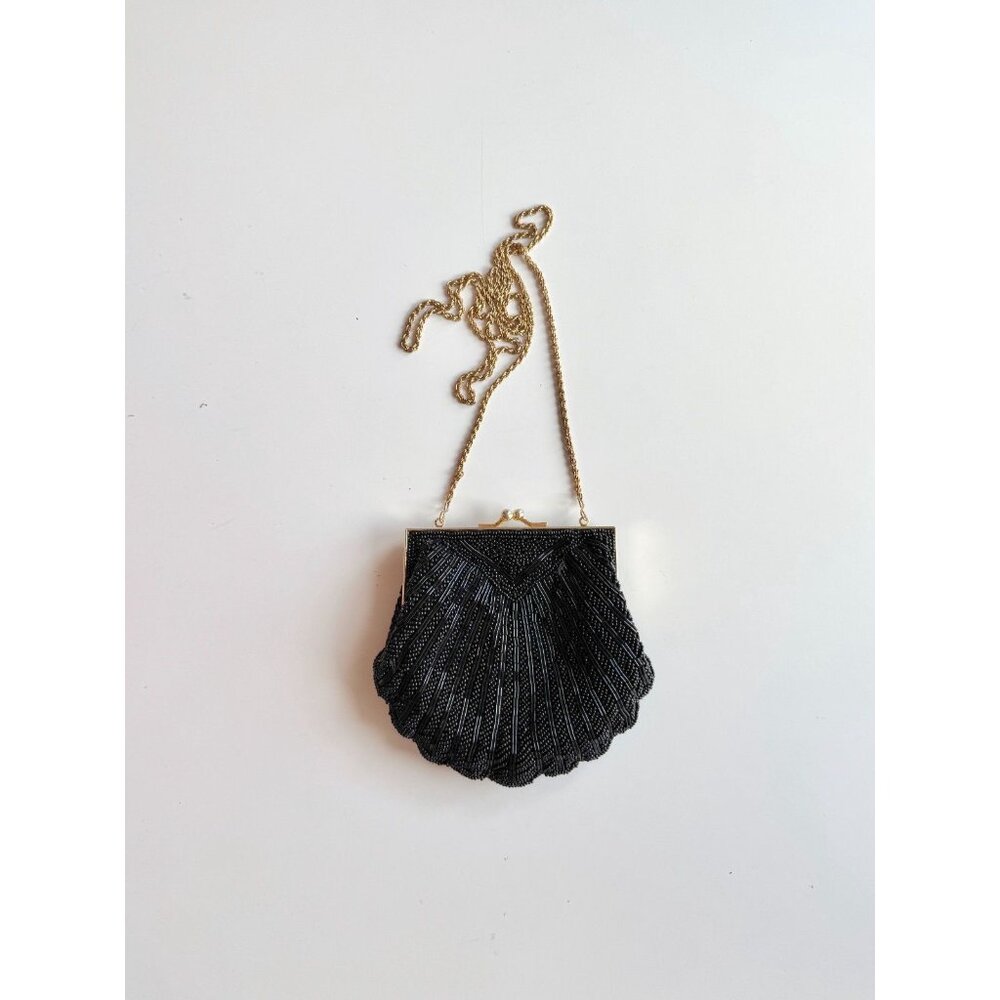 Vintage JENNY BUCHANAN Black Beaded Shell Kiss Lock Crossbody Evening Purse Bag